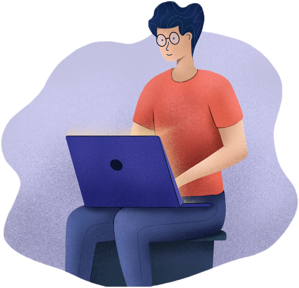 Illustration of person sitting and using laptop